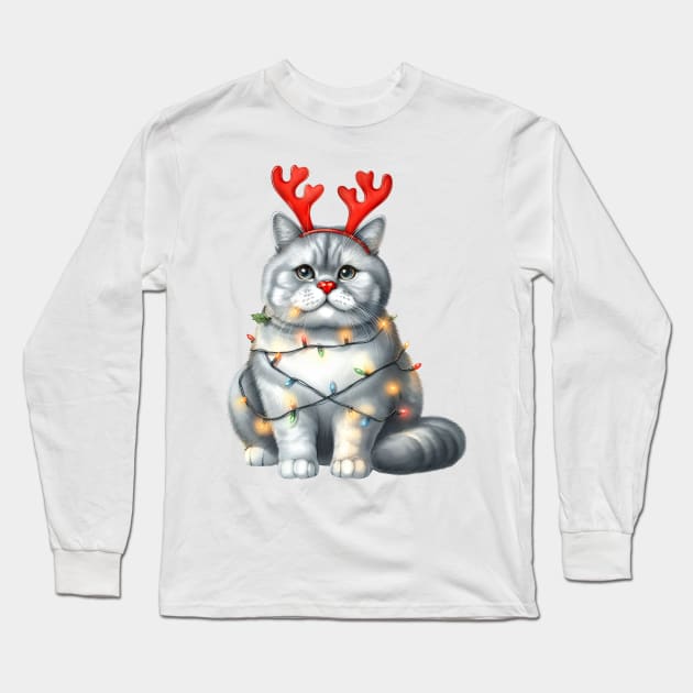 Christmas Red Nose Chartreux Cat Long Sleeve T-Shirt by Chromatic Fusion Studio